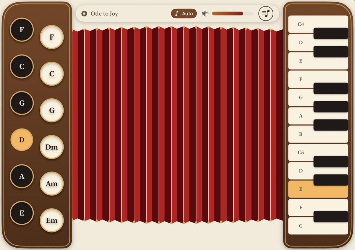 Fold Accordion on an open iPhone Duo playing Ode to Joy. Bass and chord buttons sit on the left edge, piano keys on the right edge, and red bellows stretch across the fold. The D bass button and the E key are lit.