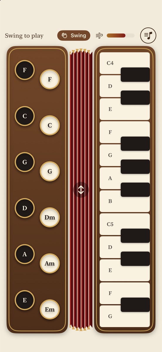 iPhone in Swing mode. The header reads Swing to play with a Swing badge and the air meter partly full. Bass and chord buttons on the left, narrow bellows in the middle, piano keys on the right.