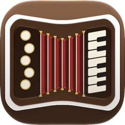 Fold Accordion app icon: a small brown accordion with bass buttons, red bellows and piano keys