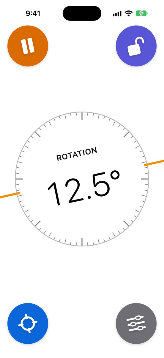 iPhone standing on an edge. A protractor ring fills the screen, an orange horizon line crosses it, and the reading says Rotation 12.5 degrees. Round buttons in the corners: Hold, Lock, Target, Settings.