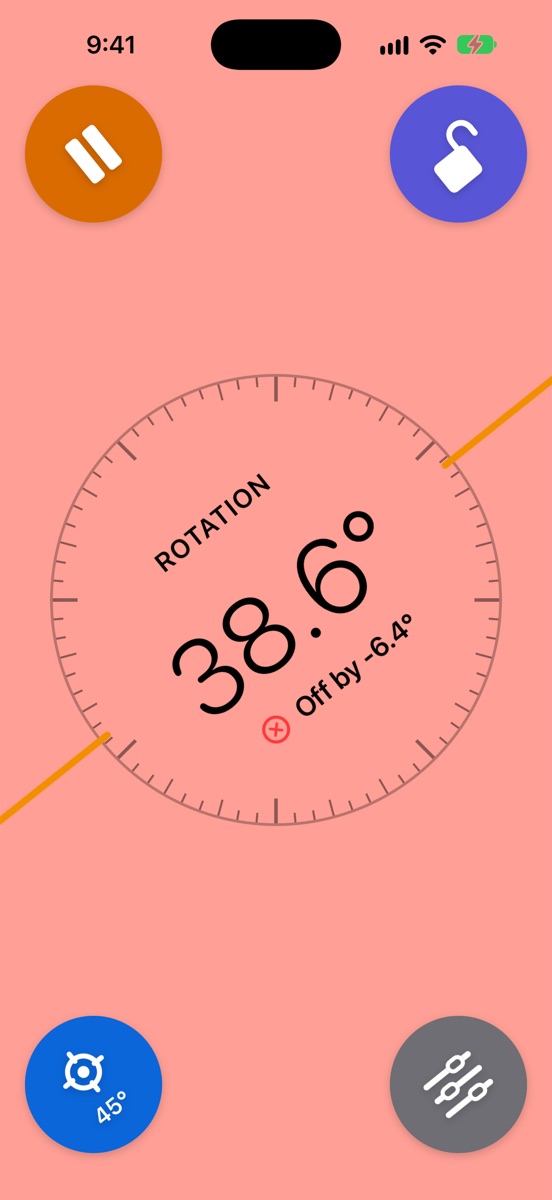 Edge level with a 45 degree target. The screen is red. The reading is 38.6 degrees, Off by minus 6.4 degrees. The Target button shows 45 degrees.