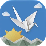Foldy Birdy app icon: a white origami crane flying over a paper sun and folded paper mountains on a blue sky