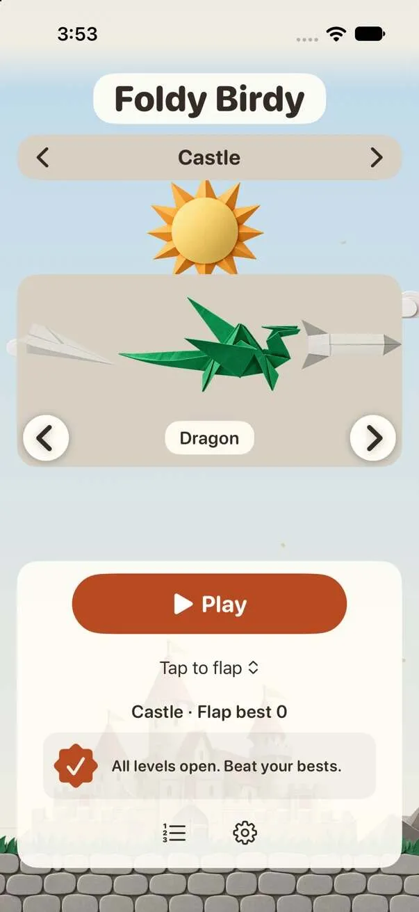 Title screen on iPhone: the Castle world with the origami dragon selected, a Play button and the Tap to flap menu.